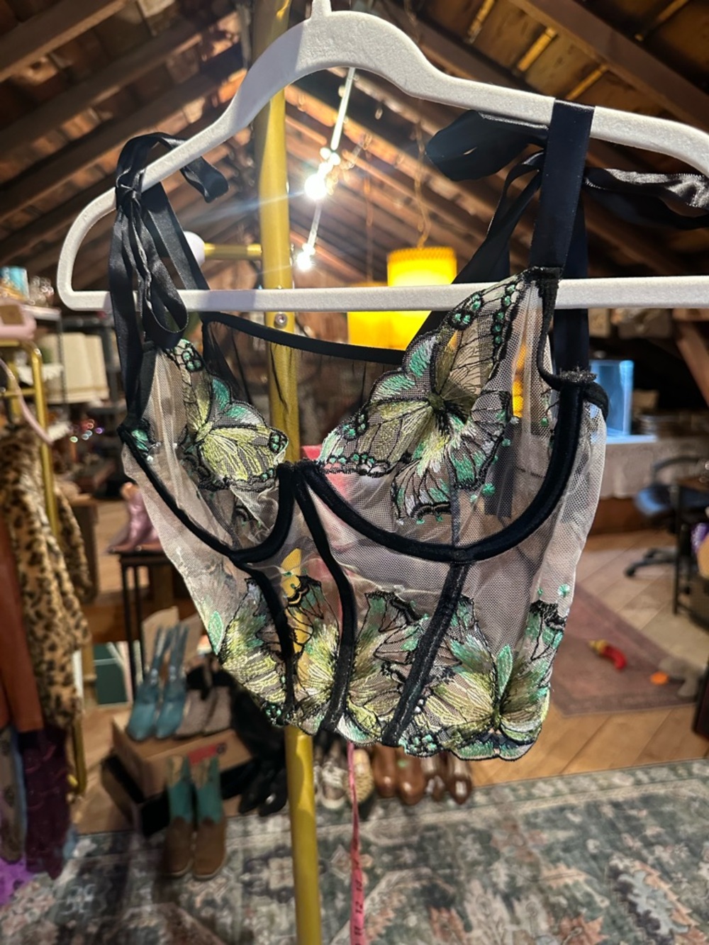 Sheer Butterfly Embroidered Longline Bralette in Black and Green